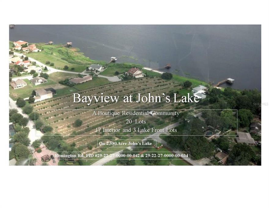 Rare Developable Land on Johns Lake in Oakland FL.  There are Two Contiguous Parcels included in this listing; Parcel A is 2.83 acres/110,518 SF and Parcel B is 4.89 acres/199,013 SF. Total 7.72 Acres. Parcel A has approximately 590' frontage on Remington Rd and Parcel B has approximately 250' of Lake Frontage on Johns Lake. Geotech report is attached along with other pertinent Documents. The PSP (Preliminary Site Plan)  for a 20-Lot Detached Single Family Residential Subdivision is Fully Approved by the Town of Oakland and is non-Appealable.  The Site Plan consists of 17 Interior Lots and 3 Direct Lakefront Lots. See attached Site Plan for Dimensions and Details.  Final Engineering & Construction Plans are nearing completion. SJWMD Permit has been approved. Land is Offered "Shovel Ready" Fully Entitled with Approved Final Engineered Construction Plans and Permits. Ready for Site Construction. Connection to a close by Gravity Sewer via a Lift Station is planned. Land is located conveniently close to the Turnpike Off-Ramp on Colonial Dr.