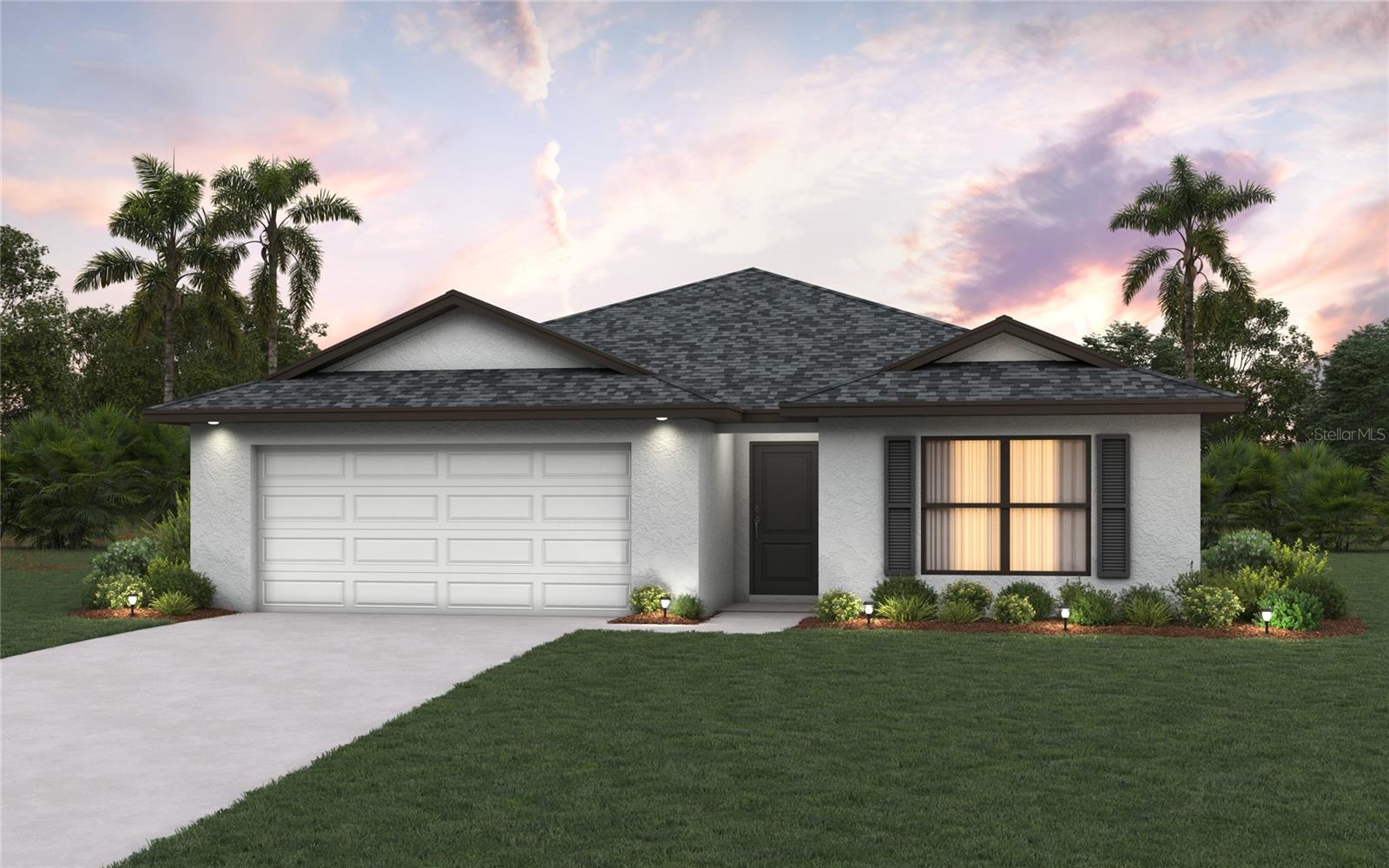 Under Construction. NEW CONSTRUCTION WITH WARRANTY! ** Estimated Completion - October ** The Palm delivers 1,550 sq ft of living space featuring a large Great Room under a vaulted ceiling and the private covered lanai just outside the sliding glass doors, perfect for indoor-outdoor entertaining. At the heart of this open floor plan, the kitchen boasts a freestanding island and walk-in pantry next to the dining room with a tray ceiling that's filled with natural light. The primary suite features a walk-in closet and bathroom with a dual-sink vanity, shower, and extra storage in the linen closet. This home boasts hurricane-impact windows and doors, designer cabinetry in the kitchen and bathrooms, a stainless steel range, microwave, and dishwasher, and an attached two-car garage. Photos are of completed property, colors and finishes may vary.