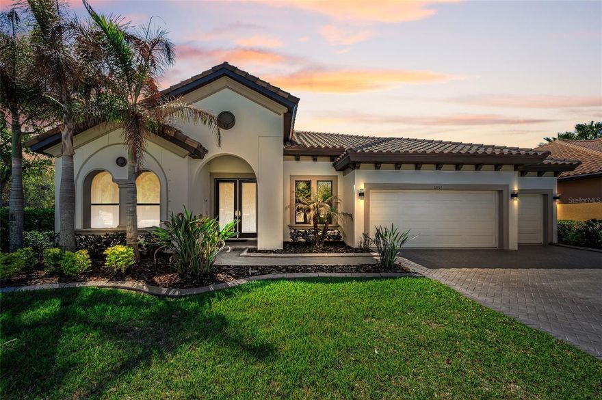 One or more photo(s) has been virtually staged. Located within the exclusive Waterleaf model row, this exceptional Westbay former model residence offers a unique blend of luxury, sophistication, and natural beauty. As part of the esteemed, gated Waterleaf neighborhood, this property is nestled among serene ponds and lush natural surroundings, ensuring exceptional seclusion and tranquility. The absence of direct backyard or multiple side neighbors provides unobstructed views of the picturesque pond, clubhouse, and meticulously landscaped gardens. Notably, substantial investments have been made in upgrades since its last sale; over $50k has been reinvested to bring this home to its current grandeur! Professional painters and touch-up specialists were engaged to ensure a flawless, move-in-ready finish. Comprehensive move-out cleaning detail services were also rendered, resulting in a pristine environment from top to bottom. This residence surpasses its original condition, showcasing exceptional quality and attention to detail. Key features and upgrades comprise: - Interior Finishes: High-quality wood-grain matching ceramic tile throughout, decorative wall panels, tray ceilings with inserts, and an entry featuring double front doors. - Gourmet Kitchen: A bright and airy aesthetic with stainless steel appliances, quartz countertops, and contrasting mahogany-styled floors. The house insurance on this home is very inexpensive do to home security, age of the home and estimated 30 years of life still on ceramic tile roof.   - Primary Suite: Custom California-styled closets in the primary room, accompanied by a full primary bathroom suite. - Lighting & Comfort: Upgraded, stellar chandeliers, high-end fans with collapsible blades, and smart electronic shades on slider doors. - Audio/Visual: Professionally installed, ceiling-mounted speakers for surround sound. - Water Systems: A Culligan-branded reverse osmosis water system and water softener. - Exterior & Pool: A fully fenced-in yard, patio, and pool/spa, complemented by a smart lighting system installed in April 2025. Pool is a desired saltwater system, including Jandy DE filtration system, Jandy heater, and all monitored by the Jandy control smart system.  Maintenance: Professionally sealed pavers in 2025 and a roof cleaning in 2026.