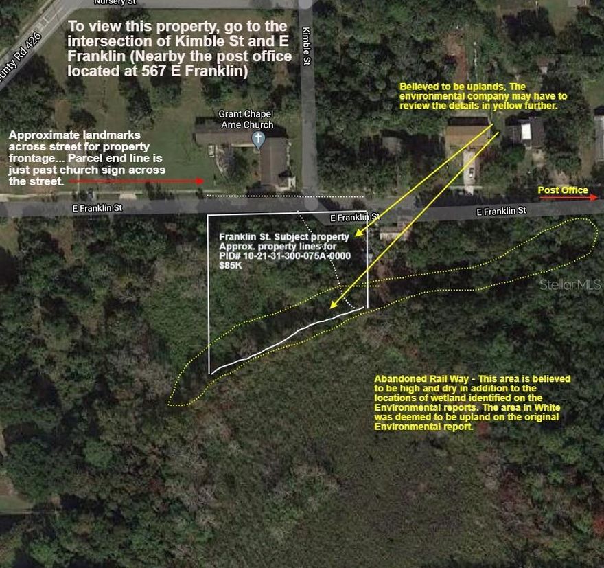 This desirable wooded convenient to all things Oviedo 1.085 ACRES stretches 225' Franklin Road frontage [paved]. To view: STOP SIGN at the intersection of "Kimble" and Franklin St, look toward the vacant lot (while standing at "Kimble" street sign, facing the wooded lot across from church), the parcel will run approximately 1/3 to the left (About 75')  of where you are standing, and approximately 2/3 to the right (About 150') of where you are standing).   The Cross Seminole Trail head starts in close proximity to this location, with prior undeveloped parts of the trail being sold off to surrounding lots during past sales of surrounding parcels.  This location was part of an old railroad location, this being said, raised walkways or trailways may be seen on or off property (Surrounding acreage).  The tracks were removed long ago, but the history remains strong if you know where to look.  This property is special.  Come be part of the history.