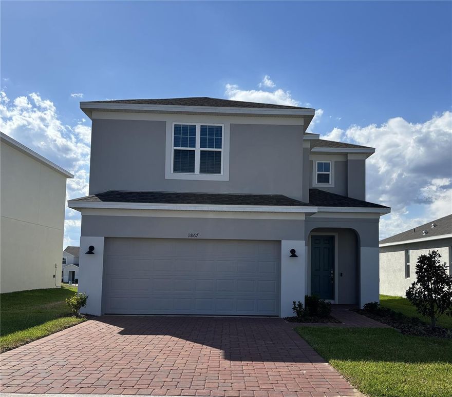 Discover our best priced Quick-delivery Sebastian plan in the beautiful Trinity Lakes Community! Step into a dramatic two-story foyer that sets the tone for the open-concept layout, featuring impressive first floor 9'4" ceilings, 4 spacious Bedrooms, 2.5 Baths, a versatile Study/Den with elegant French doors, and a 2-car Garage. Stylish tile flooring enhances the 1st floor main living areas, complemented by 5 1/4" baseboards and window blinds throughout. The well-appointed Kitchen impresses with 42" cabinets, quartz countertops, sleek tile backsplash, a large center island, and stainless steel appliances—perfect for both everyday living and entertaining. The luxurious Primary Suite includes an ensuite bath featuring adult-height vanity with dual sinks, walk-in shower with wall tile surround and frameless glass enclosure, a linen closet, and a generous walk-in closet. Finished with attractive landscaping, and a brick paver driveway and lead walk, this home offers lasting curb appeal. Exceptional community amenities include Resort style Pool, Splash Pad, Fitness Center, Fishing pier, dog park, and multiple Playgrounds. Close to Schools, shopping, and restaurants and conveniently located near major thoroughfares.
