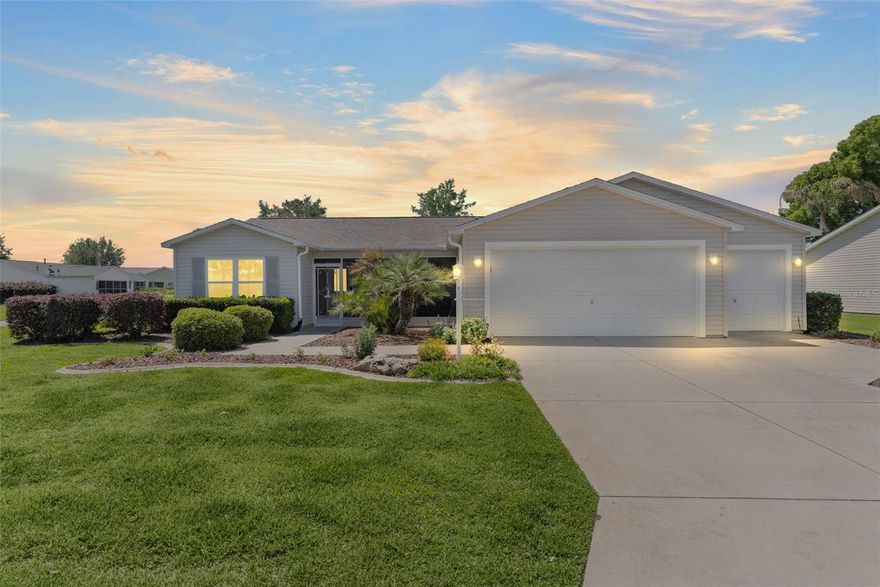 *~BOND PAID~*  *~GOLF CART GARAGE~*  *~ROOM FOR A POOL~*    *~VAULTED CEILINGS~*   *~2018 ROOF~*  *~2025 MINI-SPLIT UNIT~*   *~QUARTZ COUNTERTOPS (kitchen and guest bath)~*  *~NO CARPET~*   *~OPEN CONCEPT~*  *~SPLIT FLOORPLAN~*    *~2025 STAINLESS STEEL APPLIANCES~* _________Welcome home to this 3 bed/2 bath beautifully EXPANDED AMARILLO model located in the highly desirable Village of Belle Aire.   Perfectly situated on a CORNER LOT, this home offers exceptional curb appeal with lovely landscaping, decorative curbing, and stone beds, creating an inviting exterior.

Enjoy relaxing mornings on the SCREENED FRONT PORCH, the perfect place to enjoy Florida’s beautiful weather. The spacious lot also offers room for a pool (please see pool sketch), giving you the opportunity to create your own private outdoor oasis.

Inside, you’ll immediately notice the CROWN MOLDING throughout and the beautiful WOOD AND TILE flooring that adds warmth and elegance throughout the home. The kitchen is both stylish and functional, featuring WHITE cabinetry, QUARTZ countertops, a TILE BACKSPLASH, 2025 stainless STEEL APPLIANCES with GAS STOVE, BOSE dishwasher, along with PENDANT LIGHTING over the island bar for a modern touch.

The guest side of the home offers privacy with a POCKET DOOR separation, creating an ideal space for visitors. The guest bathroom is beautifully finished with QUARTZ countertops, WHITE cabinetry, a SHOWER/TUB combination, and a convenient LINEN CLOSET, with an ADDITIONAL LINEN CLOSET located in the hallway for extra storage.

The spacious primary suite with 2 WALK-IN CLOSETS includes a well-appointed bathroom with DOUBLE SINKS, WHITE cabinetry, and a POCKET DOOR leading to the PRIVATE WATER CLOSET.

One of the standout features of this home is the FLORIDA ROOM /SUNROOM which adds additional living space to the original floor plan. And, the LARGE ENCLOSED REAR LANAI, complete with tile flooring and a MINI-SPLIT UNIT, making it a comfortable and versatile space to enjoy year-round — perfect for entertaining, relaxing, or creating an additional living area.

The laundry room is thoughtfully designed with a UTILITY SINK and OVERHEAD CABINETS above the washer and dryer for added convenience and storage.

The GOLF CART GARAGE offers dedicated space for your golf cart along with additional storage, while the main garage provides even more storage options, complete with PULL-DOWN ATTIC STAIRS for convenient access to attic storage.

This beautifully maintained home combines comfort, style, and practicality in one of the highly sought-after communities in The Villages.