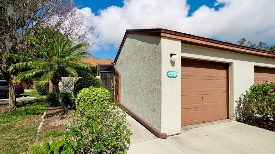 Welcome to this meticulously maintained TURN-KEY FURNISHED 2 bedroom, 2 bath end-unit villa with pride of ownership in the heart of Bradenton at Forty Three West Community. Both front and rear screened spacious brick patios for entertaining, relaxing and enjoying Florida living. Because it is an end-unit your guests can park in the designated space and walk directly into the property for convenience. Open great-room living with vaulted ceilings and skylights. Kitchen is well appointed with sliding glass doors to front patio, box window over kitchen sink for herbs or plants with newer stainless steel appliances (Refrigerator 2025, disposal 2024, range, microwave, dishwasher 2010) and granite counter tops. Florida room has been enclosed with sliding doors (shutters included) across the back over looking the massive screened patio with brick pavers for your outdoor retreat ideal for reading, sunning, dining & entertaining. Utility room off of Florida room has ample space for storage and the washer & dryer 2025. Attached one car garage for parking, storage or workshop. Move-in ready. Furniture can stay or be removed for the convenience of the buyer. Forty Three West offers a community pool, spa, clubhouse and tennis/pickleball courts. Minutes to the beautiful world class beaches, schools, parks, golf, medical facilities, restaurants and shopping.