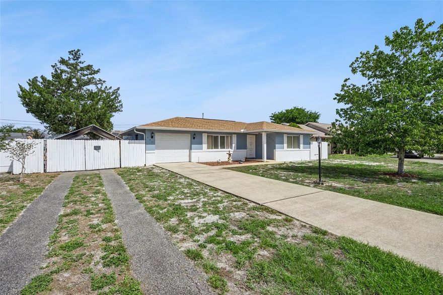Welcome home to this well-maintained 2-bedroom, 2-bath concrete block residence in the heart of Deltona. Situated on an oversized lot in an established neighborhood, this home offers a smart split-bedroom layout, abundant natural light, and a comfortable flow ideal for everyday living or investment potential. Features include a one-car attached garage, covered and screened patio, and a spacious backyard with room to relax or entertain. Major systems have been updated over time, including a replaced roof, providing peace of mind. Conveniently located near schools, shopping, dining, and major roadways, with no HOA restrictions. Perfect as a primary residence, seasonal home, or rental opportunity.