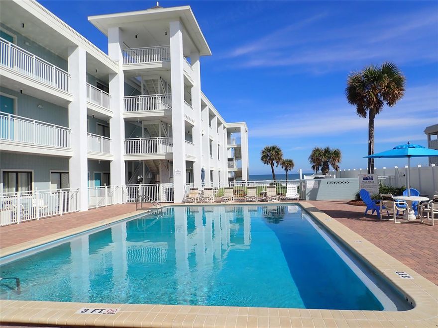 Ground Floor Direct Oceanfront Condotel! Enjoy oceanfront living for $60,000 and make some income on the side. This cheery unit is third  from the ocean. Recently renovated with new flooring, sold fully furnished and ready to go. Complex has a heated pool & kiddie pool, common area laundry and on site rental management.  Majority of owner's expenses are paid from rental pool , owners have use up to 120 days per year, the rest of the time it's being rented.  Walking distance to some of New Smyrna Beach's great restaurants & unique shops.  Call for details on this unique oceanfront opportunity! ;LocationDescription: Condo ;Water: City