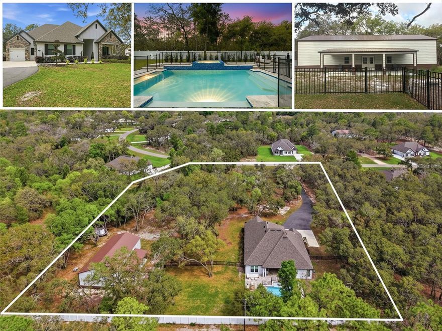 THIS ONE HAS IT ALL AND MORE!!! NEWER MODERN 4/3/3 CRAFTSMAN HOME on 3.12 acres + private pool + large detached building!!! 

4 bedrooms + custom office + media room + 3 full bathrooms + 3 car attached garage + BRAND NEW IMPRESSIVE CUSTOM SALT-WATER PRIVATE HEATED POOL with sunshelf + HOT TUB/SPA  + expansive paver pool deck + outdoor covered patio with outdoor summer kitchen + LARGE DETAHCED GARAGE/BUILDING (30x65 metal building with a 14ft roll up door for rvs and a 24x12 concrete lean to) + fenced yard for pets and family + extra long PAVED driveway for extra parking with added brick pavers to the walkway and front porch + 4,000 water filtration system + 220v Tesla charger  + nestled in the beautiful trees on 3.12 ACRES in the gated and growing community of BELLA TERRA with large acreage homesites for space and privacy!! NO FLOOD! NO CDD FEE! The pool also has Aqualink upgrade with means you can be playing golf and turn on your spa from your phone so it’s nice and hot when you get home! Large custom tree-house for years of family fun! Custom office was just completed – no other Waycross home has this!

Home has ALL the upgrades and all the extras added on after the home was completed... vinyl privacy fencing, interior design features, custom decorative fireplace, window treatments, and more!! Built in 2023, so everything is NEW - ROOF, HVAC, APPLIANCES, ELECTRIC, PLUMBING, EVERYTHING!! Walk-in and be impressed with this HIGH ceilings, large windows and glass french doors, and open floor plan which make this home feel super spacious, light, bright, and cheery! The chef's kitchen will draw your family into it with it's gorgeous Quartz countertops and LARGE Quartz breakfast bar for extra seating, endless upgraded 42" upper cabinets for storage, breakfast nook, coffee bar, coveted butler's pantry, stainless steel upgraded appliances and cooktop with range hood, built-in oven and microwave and walk-in pantry!! You will ENJOY every minute in this kitchen - the centerpiece fo this home!! The kitchen is open to the large great room with views of the private backyard where all you will see are beautiful tress (no rear neighbors to look at or to look at you)!! The media room is a bonus room you can use for anything that fits your lifestyle from a theater room, extra private living room, gym, playroom with the little ones, or office for those that work from home!! The split floor plan offers privacy for the spacious master suite with large ensuite bathroom with dual sinks, Quartz countertops, stand alone modern tub, walk-in tiled shower, and large walk-in closet! The second and third bathrooms also have all the upgraded, matching finished and features! The laundry room is spacious and well-designed! The home sits back off the road secluded in the trees for privacy!! All roads are paved. The community is gated and offers 6 miles of horse trails. Located less than 10 minutes from the Suncoast Parkway for easy and quick access to Tampa! Close to Publix, shoppes, sunsets at the restaurants on Hudson Beach, boating, kayaking, fishing, swimming at SunWest, swimming with the manatees on the river! 1 hour to TOP US BEACHES!! Great location, great community, large acreage lots for space and privacy, gorgeous million dollar homes being built, horse trails, lots of paved space for walking and riding bikes, no CDD fees, low HOA fee helps keep your neighborhood values up and the well-maintained. Enjoy your life in this new home and beautiful community!!