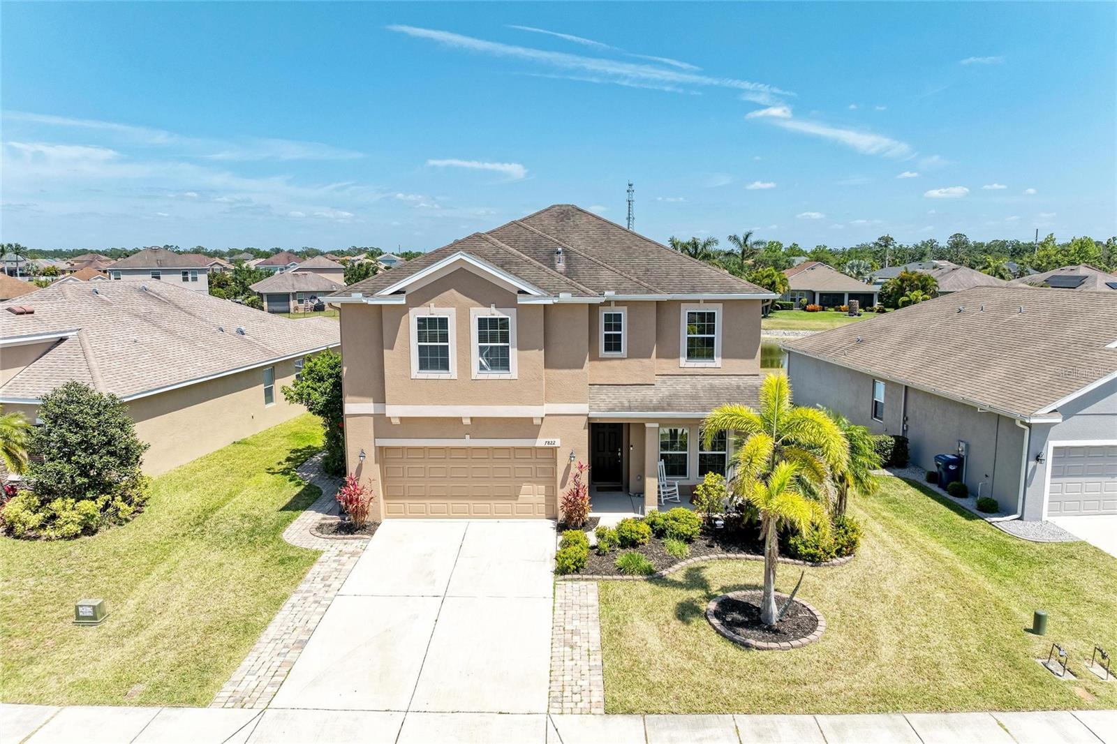 Welcome to this gorgeous 4-bedroom, 3-bathroom home offering comfort, space, and beautiful pond view. Freshly painted interior 7/2025 after photos in a neutral tone. Located in a thriving community near North River Ranch and the exciting new Market Walk area, this home is perfect for families or anyone looking for room to grow. Step inside to find a versatile office/den at the front of the home, ideal for working remotely or creating a quiet reading nook. The open-concept kitchen and great room combo overlook the backyard and serene pond, making it the heart of the home for gatherings and relaxation. A convenient downstairs bedroom and full bath are perfect for guests or multigenerational living. Upstairs, enjoy a spacious bonus room that can be transformed into a home theater, game room, or second living area. The large primary suite features tranquil pond views, while two additional guest suites offer comfort and privacy for family or visitors. Outdoor living is just as inviting with a screened-in lanai, extended concrete patio, fenced backyard, and peaceful pond views—perfect for entertaining or enjoying a quiet morning coffee. This vibrant community includes amenities such as two pools, a clubhouse, fitness center, playground, and sports court. The HOA fee even covers basic cable and internet. With planned developments including a hospital, medical offices, college campus, and expanded shopping and dining options, this home offers not just a place to live, but a lifestyle in one of the area’s most up-and-coming neighborhoods.