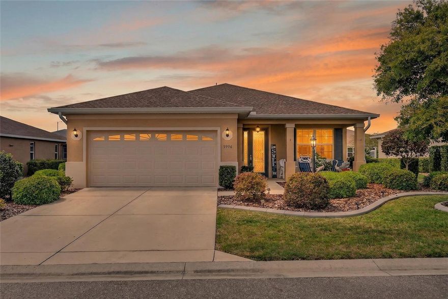 Welcome to this well-maintained Kent model in the Avalon 4 community. This 2-bedroom, 2-bath home with a 2-car garage features modern upgrades, an open layout, luxury vinyl plank flooring, crown molding, and plenty of natural light. The kitchen offers two-tone cabinetry, granite countertops, tile backsplash, stainless steel appliances, a pantry, and an eat-in dining area. The living room opens to a screened lanai with a ceiling fan and pull-down shades, overlooking private landscaping. The primary suite includes a walk-in closet and a zero-entry tiled shower with dual quartz sinks. The guest bedroom features a Murphy bed with built-in desk. Additional highlights include a Maytag washer and dryer, epoxy garage floor, gutters, and curbed landscaping. Located in a gated 55+ community with amenities and golf cart access to nearby shopping.