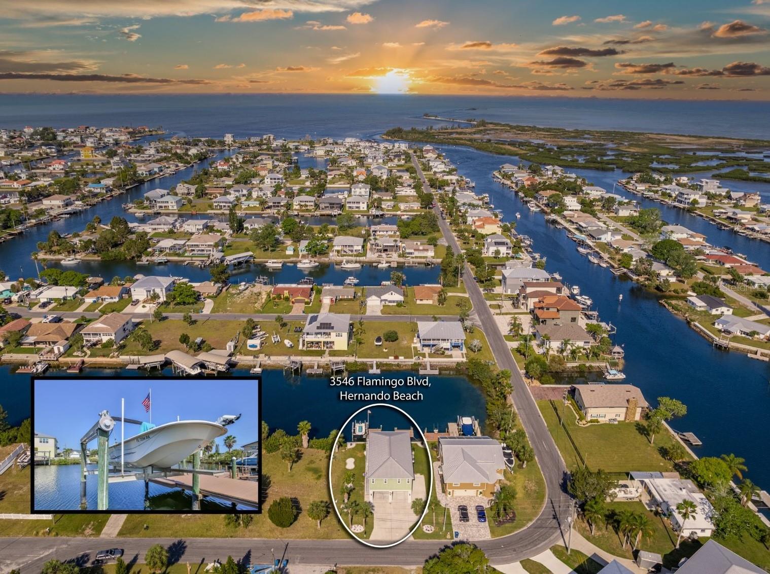 CAREFREE WATERFRONT LIVING.. Barely Used Vacation Home in Hernando Beach with Back Western Sunset Views. And it can come Turn Key / Furnished with Some Exceptions. Short Term Rentals are Allowed in this Community. Built in 2009 with Many of the Newer Codes like Simonson Impact Windows plus has a Metal Roof. 2012 14k Boat Lift + a Floating Dock. Oversized Covered Parking for Boats & Vehicles plus Additional Pad on Side for your Overheight RV / Toys. Quotes on File for $1,578 per Year for Homeowners & Wind PLUS $2,092 for Flood Insurance. High & Dry Living Quarters offers an Open Floor Plan with Crown Molding & Sliding Glass Doors going out to the Back Upper Porch. Kitchen boasts Wood Cabinets, Breakfast Bar / Kitchen Island with Pendant Lighting, Stainless Steel Appliances & Pantry. Dining Area Right off the Kitchen. Primary Bedroom has a Walk in Closet + a Huge Elegant Primary Bathroom with Soaking Jacuzzi Tub, Walk in Shower + Dual Sink Wood Vanity + Vanity Desk. Guest Bedroom 2 + 3 Share the Guest Bathroom which offers tub/shower combo. The Laundry Room offers Cabinets, Washer & Dryer plus a Folding Table. Downstairs Parking with a Storage Area & Covered Rear Porch. 2018 HVAC System with 3 years left of a transferable warranty from Senica. Home is Truly Move In Ready. Hernando Beach is a Quaint Coastal Community that offers Marinas, Restaurants, Clubhouse, Yacht Club & More. Fishing, Boating to the Flats, Kayaking, Paddle Boarding... Plus Next Door to Fishing Villages, Weeki Wachee River & Pine Island Beach. Come See!