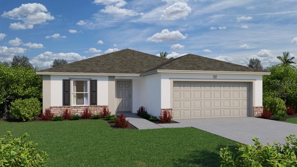 Under Construction. Introducing the Queen with stone front, a four-bedroom floor plan from our Value collection. Designed for privacy and comfort, this home features three bedrooms on one side while the Owner’s Suite is situated on the other side. As you enter through the foyer, you’ll notice the Great Room and Dining Area offers a seamless flow and abundant natural light from the sliding glass doors leading to the backyard.
The kitchen, positioned at the back of the home, is conveniently adjacent to the dining room. With ample counterspace and cabinets, it provides the perfect setting for culinary endeavors and storage of all your essentials.