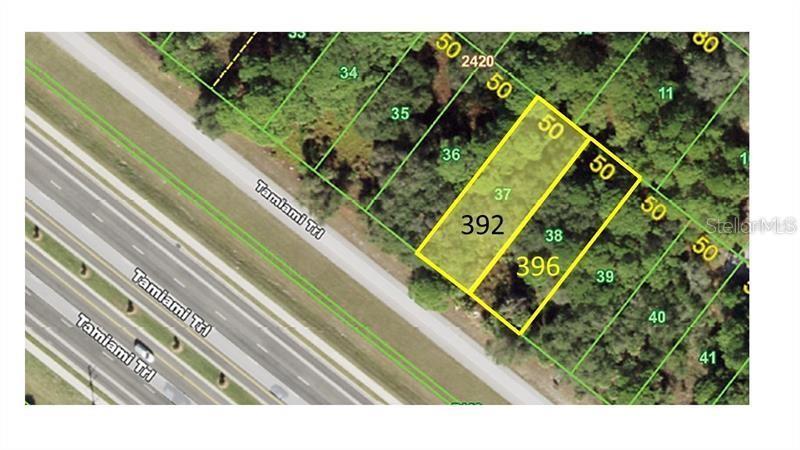 Investor ready! Two desirable lots zoned Commercial General on US 41 in Port Charlotte with highway frontage and many possible uses. Two CG-zoned lots (50' x 150' each) for sale - located in Port Charlotte on Tamiami Trail just southeast of the Kia dealership and the upcoming Cranberry Commons development that is currently under construction and scheduled to be completed early 2026 and will include a Texas Roadhouse restaurant, a Chik-Fil-A and a Tim Horton's coffee.
Listing price and information are for both lots, 392 & 396 Tamiami Trl