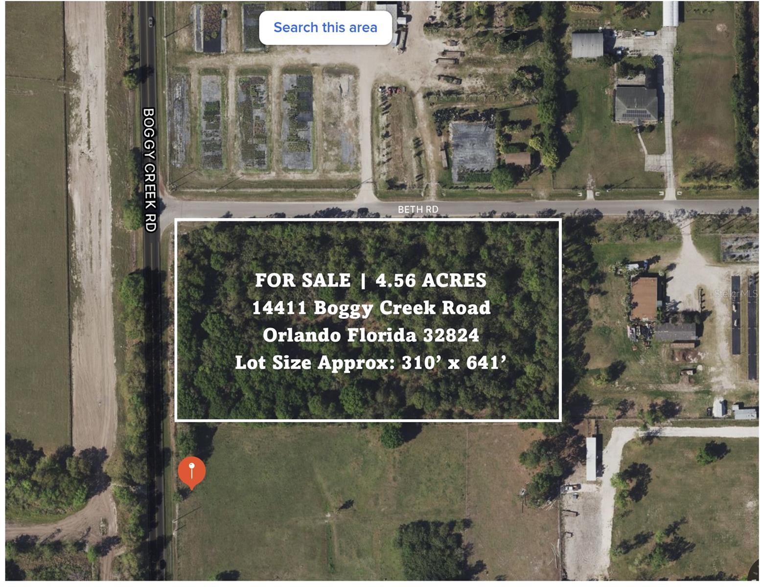 4.56 Acres in Lake Nona, which is the fastest-growing community in Orlando. Property is located on the corner of Boggy Creek Road and Beth Road directly across the street from Adventist Health 114+ acre property. Includes over 300 feet of frontage on Boggy Creek Road as well as over 640 feet of frontage on Hope Road. Great location for future medical and retail. Utilities such as water, power and sewer are readily available. Minutes to Lake Nona Medical City, Kissimmee and St. Cloud. Boggy Creek Road South will be widened from a two-lane roadway to a four-lane roadway from the Orange/Osceola County line to SR 417. The widening will include sidewalks, bicycle lanes, roadway lighting, and median landscaping. New infrastructure will improve the quality of water entering storm water system.