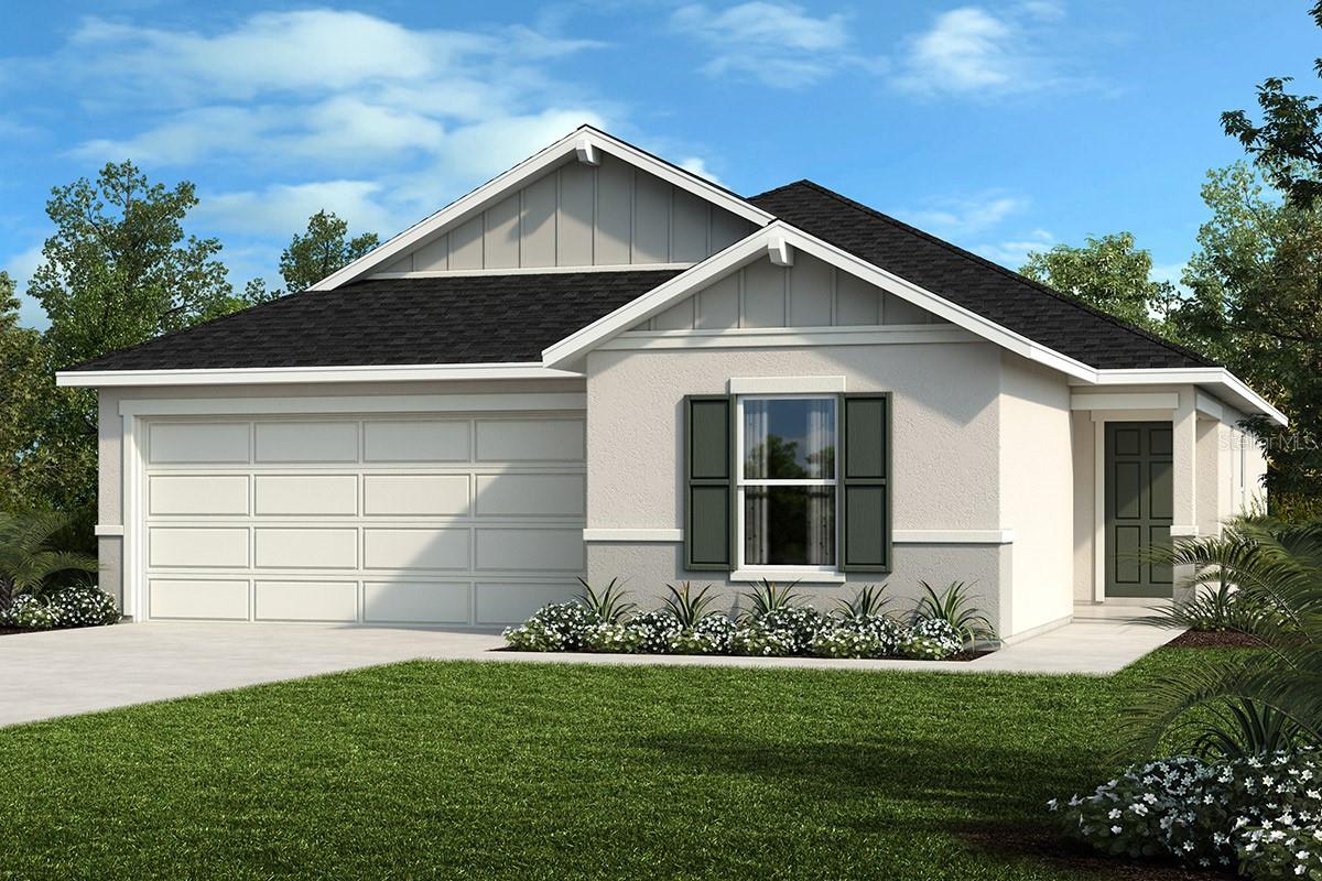 Under Construction. Designed with comfort and functionality in mind, this stunning single-story home showcases a covered front porch that adds a warm, inviting touch. Inside, the open-concept layout is highlighted by high volume ceilings and tile flooring throughout the main living areas, creating a light and airy atmosphere. The contemporary kitchen features a spacious island, granite countertops, a pantry, Whirlpool® stainless steel appliances, and 36-inch upper cabinets for ample storage. The private primary suite offers a relaxing escape with a walk-in closet and a beautifully appointed bath, including a dual-sink vanity, granite counters, a linen closet, and a tiled walk-in shower. Step out back to enjoy a covered patio—perfect for quiet mornings or entertaining guests.