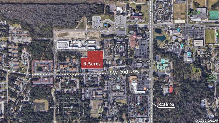Great location, 6 acre parcel near Varsity House Gainesville Apartments, the new Aloft Hotel, and University of Florida Regional Transit System Park &Ride. Wooded lot, Zoned - U9. Urban Mixed-Use High-Intensity. Ready to be built on. This land won''t last long!