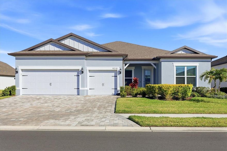 Located in the center of the community, on a small cul-de-sac with a big pond view, this Stellar floorplan was built to exact specifications. Planned to be a forever family home, life had other plans. Now priced well below what was paid for the home and finishes, opportunity awaits the savvy buyer looking for a very active, albeit competitive lifestyle community in Parrish. This home presents spectacular big sky and water views from the moment you enter. Three split bedrooms and baths give the family and guests great privacy.
The three-car garage? Tons of storage space for those toys. Sold with all appliances, lighting, ceiling fans and delightful finishes. Impact windows and doors for peace of mind.
Del Webb Bay View is 1.5 miles to I-75, making travel to airports, beaches, dining and shopping, easy. Come tour behind the gates of this newly sold-out 55+ community