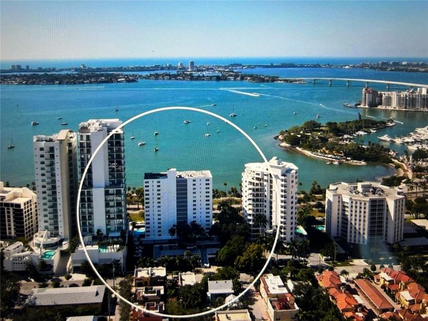 One or more photo(s) has been virtually staged. Beautiful view of Sarasota Bayfront from this 4th story rarely available THREE BEDROOM 1682 SF in the heart of downtown Sarasota. New hurricane windows and sliders just installed October 2025!  Gorgeous sunsets! Perfectly located on historic Palm Avenue..just short stroll to downtown shops and restaurants.  Beautiful foyer entry leads to kitchen upgraded with all Kitchen-aid stainless steel appliances, double wall oven, granite counters and granite bar. Crown moulding, plantation shutters, two fireplaces (living room and 3rd bedroom/office). Jacuzzi tub in second bathroom. King size master bedroom featuring built-ins in walk-in closet, double vanity in master bathroom. Open floor plan with beautiful Bayfront water views from all windows & sliders. Large neutral porcelain tile flooring throughout other than carpet in two of the bedrooms. Washer & drier in unit! Private storage unit on same floor, basic cable tv/trash/water included in rent. Royal St Andrew enjoys secure lobby, large outdoor heated swimming pool with sun deck and BBQ grill, fitness room, bike storage, social room with kitchen, on-site building manager, covered parking. Sorry, no pets allowed unless service/support.   ANNUAL RENTAL ONLY.....one year minimum. 
2025 NEW ROOF &  NEW CARPORTS!