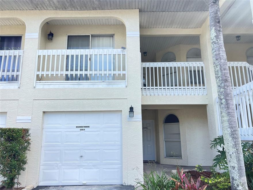 This first-floor condo at 3205 Sabal Palms offers a perfect blend of comfort and convenience. With 2 bedrooms and 2 full bathrooms, the unit features a functional floor plan with bright and spacious living and dining areas filled with natural light. The kitchen provides plenty of cabinet space and opens to the main living area for easy flow. The primary suite features a private bathroom and ample closet space, while the second bedroom is ideal for guests, family members, or a home office. Enjoy the convenience of single-level living with no stairs. The unit includes one covered garage space and one additional assigned parking spot, adding extra convenience and flexibility. Ideally located close to shopping, restaurants, schools, and major roads, this condo combines comfort with a convenient location in a peaceful setting.