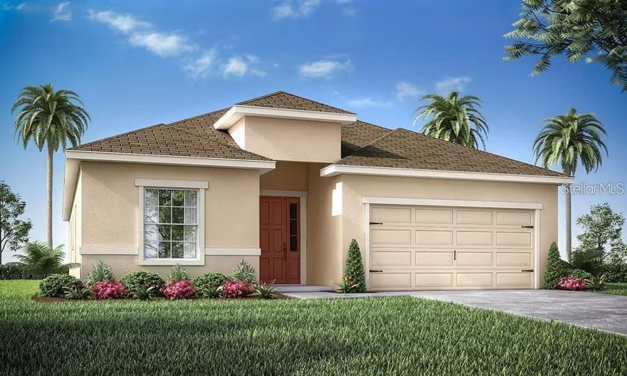 Under Construction. New construction home with 2029 square feet one-story including 4 bedrooms, 2.5 baths, and an open living area. Enjoy an open kitchen with shaker-style cabinets with crown molding, granite countertops, Samsung stainless steel appliances, pantry, and a spacious counter height island, fully open to the dining café and gathering room. The living area, laundry room, and baths include luxury wood vinyl plank flooring, with stain-resistant carpet in the bedrooms. Your owner's suite is complete with a walk-in wardrobe and a private en-suite bath with dual vanities, a tiled shower, and a closeted toilet. Jack-and-Jill hall bath with an enclosed tub and toilet, accessed from bedrooms 3 and 4. Plus, enjoy a covered lanai, 2-car garage, custom-fit window blinds, architectural shingles, energy-efficient insulation and windows, and a full builder warranty. Please note, virtual tour/photos showcases the home layout; colors and design options in actual home for sale may differ. Furnishings and décor do not convey."