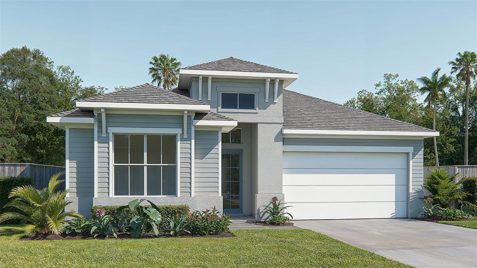 Under Construction. A welcoming front porch opens into an extended entryway with a 12-foot tray ceiling. Two secondary bedrooms are off the main hallway and each feature a private bathroom and walk-in closet. As you enter into the kitchen you are greeted by an island with built-in seating and a walk-in pantry. The dining area flows into the open family room which is embraced by two walls of windows that overlook the backyard covered lanai. The primary bedroom offers in plenty of natural light from its wall of windows. French doors open into the primary bathroom which boasts dual vanities, a freestanding tub, glass enclosed shower, and two walk-in closets. The laundry room is located in the central part of the home next to the drop zone and three-car garage.