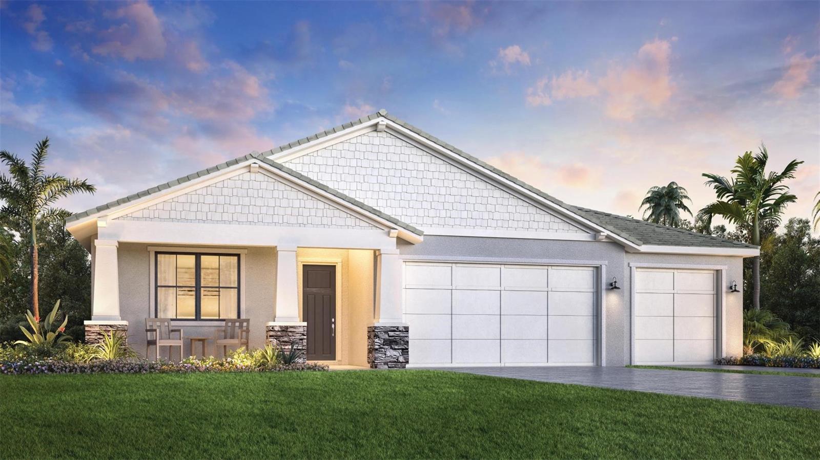Under Construction. One of the last 3-car garage homes available! Don’t miss this rare opportunity to own a beautifully upgraded single-story, 4-bedroom, 3-bath new construction home in Solstice at Wellen Park. This home features luxury vinyl plank flooring throughout — no carpet — and designer-appointed interior selections for a truly refined look and feel. The gourmet kitchen is a standout, showcasing KitchenAid appliances, elegant stacked cabinets, and a spacious layout perfect for hosting or everyday living. A sliding glass door leads to a covered outdoor space, blending indoor and outdoor living seamlessly.