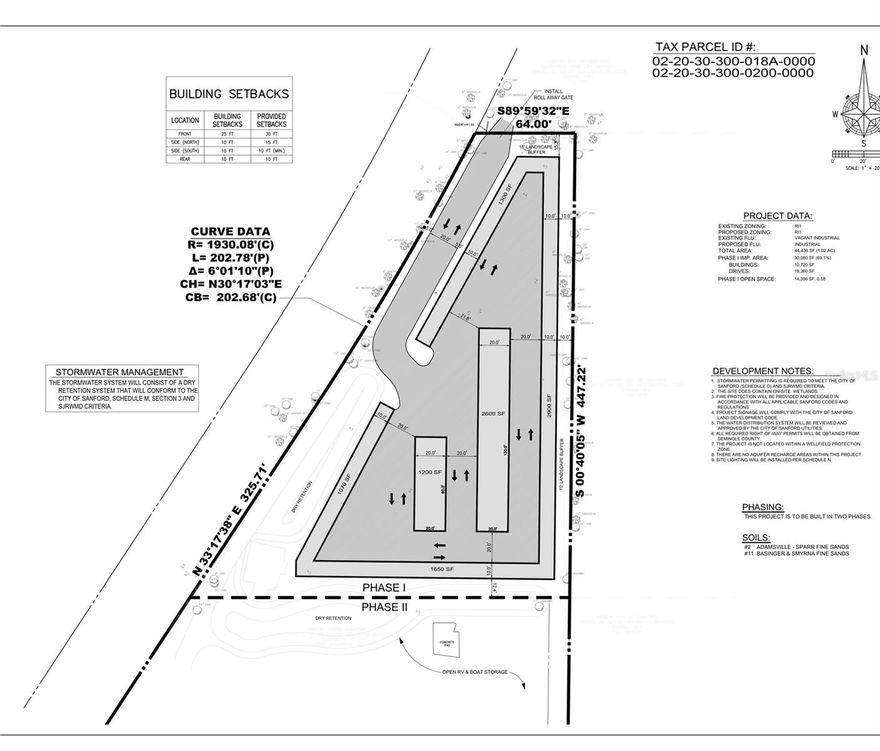High and dry +/- 1.98 buildable acres on 2 lots with Sanford RI-1 Industrial zoning.
Entitlements underway for 10,720 sf of climate-controlled self-storage on 2175, with potential for boat/rv storage on 2185 under current permitted uses.
Seller will consider owner financing or Build to Suit. A 3-story storage facility is allowed and would increase the square footage.
Other uses include warehouse space with rare outside storage permitted.  
New 50’ road and water and sewer being provided, and monument sign permitted on 25th St.
Also ideal for a fleet-based business or those requiring outside storage.
Easy access to the SR 417, I-4, and 17-92 to Sanford and nearby Lake Mary. 
Plans & surveys available.
*** Tenants on site. Do not access site without prior notice. ***
