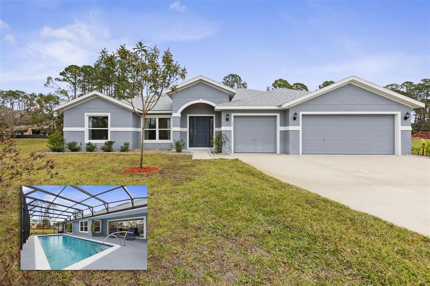 YOU MUST SEE THIS! Freshly built in 2022 with a private pool. This custom Seagate Home - Augusta floorplan is perfectly situated on a quiet cul-de-sac and freshwater canal frontage in the desirable Lehigh Woods community of Palm Coast. The home offers 2,294 sqft - 4 bedrooms, 2 bathrooms, plus a dedicated office/den, providing flexible living space for today’s lifestyle. Enhanced by vaulted ceilings, the large split-plan showcases tile flooring throughout and a well-appointed kitchen with upgraded cabinetry, granite countertops, and stainless steel appliances. The primary suite offers a deluxe bathroom featuring a walk-in shower with bench seat, dual vanities, comfort height toilets and a large walk-in closet. Step outside to enjoy the screened lanai, expansive heated and saltwater pool which has pentair equipment system to make pool cleaning and maintenance a breeze. All of this set on an oversized lot with peaceful water views—ideal for enjoying Florida living year-round. Additional highlights include a spacious 3-car garage, separate laundry room with cleaning sink, covered back patio with 3-panel (12ft) sliding glass door, deep-well irrigation with Rid-O-Rust system and more. Conveniently located near grocery stores, shopping, schools, parks, walking paths, hospitals, and just a few minutes drive to the famous Flagler Beaches. Make sure to see the walk-through video link! Schedule your appointment to view today!