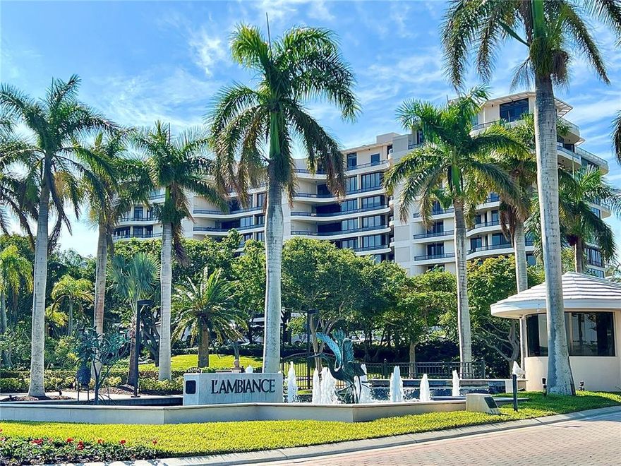 L’Ambiance on Longboat Key.  Located behind the gates of the exclusive Longboat Key Club. This home promises the ideal beachfront resort style living, boasting unobstructed views of the Gulf of Mexico, Sarasota Bay, stunning golf course landscapes, and the skyline of downtown. Enter your home from the private elevator foyer and immediately feel at ease in the open living space featuring high ceilings with custom treatments, and floor to ceiling sliding glass doors leading to your private terraces, allowing you to enjoy both sunrises and sunsets. This Sabal floor plan is light, bright, and ready to be reimagined with your own personal style. L’Ambiance offers 24-hour concierge service and security, on-site management, fitness center, Har-Tru tennis courts, Olympic pool, spa, kiddy pool, beach tiki umbrellas, chaises, guest suites, club room, wine cellar, storage, and an underground garage with a dedicated space. Relish the laidback luxury & island lifestyle that only Longboat Key is known for, near restaurants, St. Armands Circle, & the cultural epicenter of downtown Sarasota.
