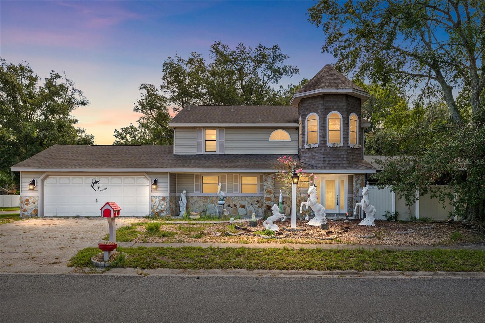 Opportunity knocks in Shadow Oaks! This spacious 3-bedroom, 2.5-bath, two-story pool home sits on a desirable corner lot at the end of two dead-end streets, providing ultimate privacy and no through traffic, and offers 2,510 sq. ft. of living space (3,799 total sq. ft. footprint) with an oversized three-car garage for storage, hobbies, or a workshop. The smart layout features a separate laundry room, a welcoming living room with a gorgeous fireplace and slider doors opening to the screened pool and spa, plus a first-floor primary suite with ensuite bath and walk-in closet, while upstairs boasts two additional bedrooms, a full bath, and a huge family room, all with brand-new carpeting (2025). Recent updates include new flooring and vanity in the primary suite, new kitchen appliances, a new pool filter, brand-new HVAC system (2025), and tankless electric water heater (2025), providing comfort and peace of mind. With its generous size, prime location, private pool and jacuzzi, and endless possibilities, this is the blank slate you’ve been waiting for, make it your dream home today!