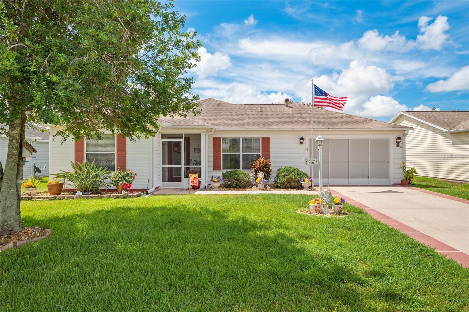 Welcome to this charming Austin model in the sought-after Village of Belle Aire, perfectly situated on an oversized, offset lot for added privacy and breathing room!
Step inside to a bright, open-concept living space with beautiful wood-look floors, freshly painted neutral walls, and an easy flow between rooms. The living room feels airy and welcoming, filled with natural light from large windows.
The kitchen is designed for both everyday comfort and entertaining — featuring a generous breakfast bar, ample counter space, all appliances included, and a perfect nook for your morning coffee ritual.
The primary suite offers a peaceful retreat with a walk-in closet and a private bath complete with a step-in shower. The guest wing provides its own sunny bedroom and full bath, giving visitors privacy and comfort.
Enjoy the Florida lifestyle year-round in the screened lanai, ideal for morning coffee, evening breezes, or quiet afternoons with a good book. The newer roof adds peace of mind, and the location puts you close to golf courses, recreation centers, and vibrant town squares for dining, shopping, and entertainment.
This home blends comfort, style, and location — offering the lifestyle The Villages is known for!
Call today to schedule your private showing!