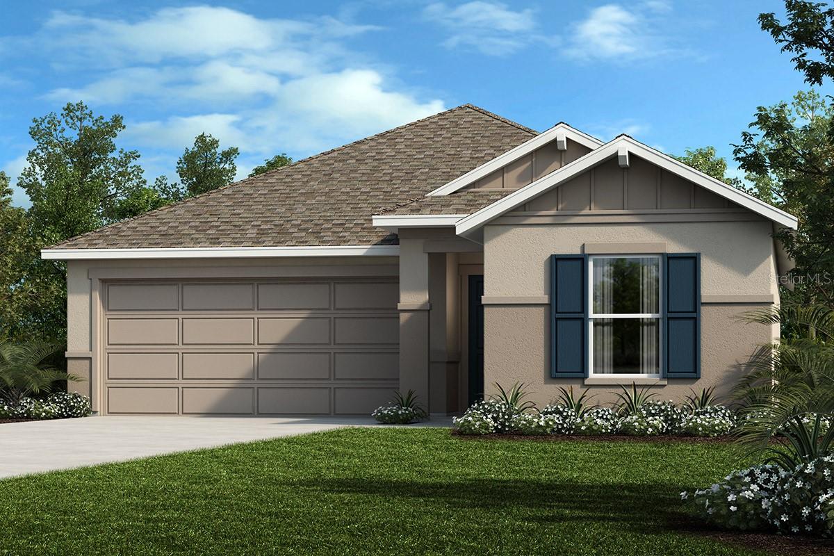 This beautifully designed single-story home offers impressive curb appeal with a covered entry and professionally landscaped front yard. Step inside to discover an open-concept layout featuring tile flooring and soaring volume ceilings. The spacious great room flows seamlessly to a covered back patio, perfect for indoor-outdoor living. The modern kitchen is equipped with 36-inch upper cabinets, granite countertops, a large wet island, and stainless steel Whirlpool® appliances. The primary suite includes a walk-in closet and an attached bath with a dual-sink vanity, tiled walk-in shower, and linen closet. Additional highlights include a dedicated laundry room with garage access, ENERGY STAR® certified lighting, Moen® faucets, and Kohler® sinks.