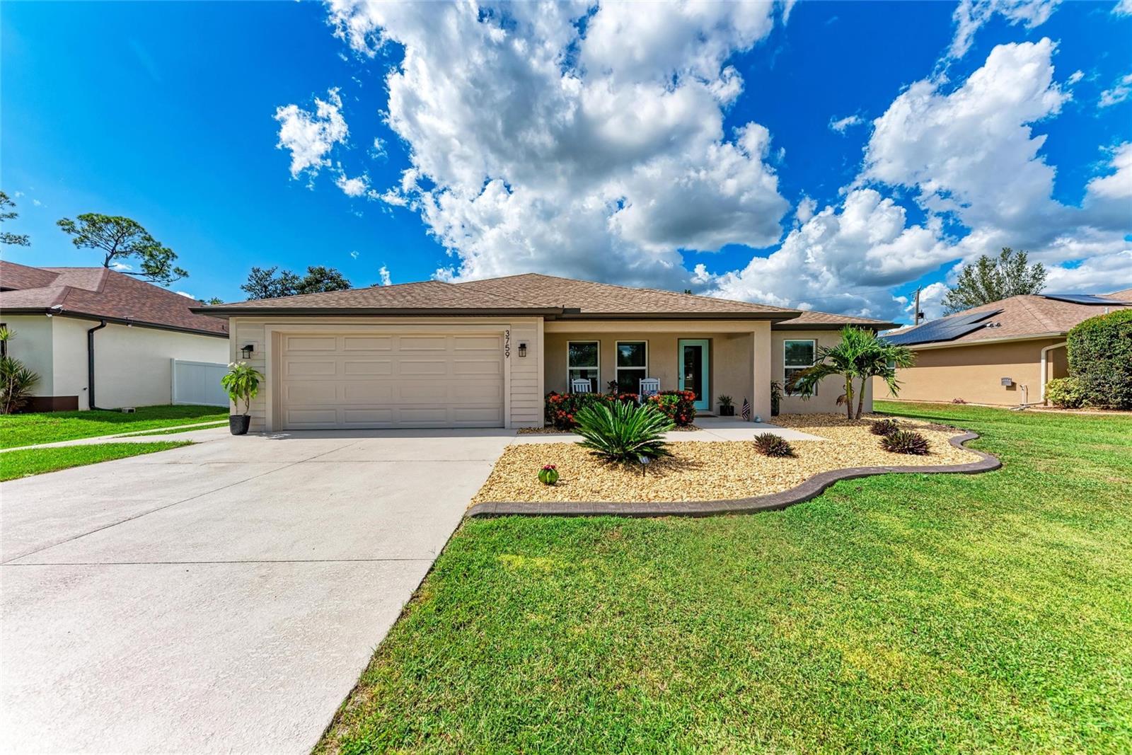 Stunning 2021 Home with Modern Upgrades and Prime Location
Welcome to this beautifully designed 3-bedroom, 2-bath home featuring an open floor plan, impact windows, and a spacious 2-car garage. From the moment you arrive, the inviting 18-foot front porch with shiplap accents and a decorative glass entry door set the tone for this stylish residence.
Inside, soaring vaulted ceilings, expansive windows, and porcelain plank tile flooring throughout create a bright, airy, and welcoming atmosphere. The gourmet kitchen offers 42-inch farmhouse-style wood cabinets with pull-out drawers, stainless steel appliances, built-in charging stations, and elegant chrome pendant lighting.
The private owner’s suite features a generous walk-in closet with custom built-in shelving. The ensuite bath is a retreat in itself, complete with dual granite-topped vanities, a walk-in shower, and a rain shower head.
Step outside to the fully fenced backyard for added privacy. An air-conditioned shed provides flexible use as a workshop, playhouse, or additional storage.
Notable upgrades include:
• Impact windows for safety and energy efficiency
• Gutters throughout the outside
• New landscape
• Outdoor lighting
• Cabinets in the garage and laundry room
• Heat barrier attic insulation for year-round comfort
• Extended driveway and concrete side pad
• Public water and sewer, a rare advantage in this area
Perfectly situated across from Heron Creek Golf & Country Club and minutes from shopping, schools, and the new Sarasota Memorial Hospital. Enjoy quick access to I-75, the Atlanta Braves Spring Training Stadium, and some of Florida’s most beautiful beaches.