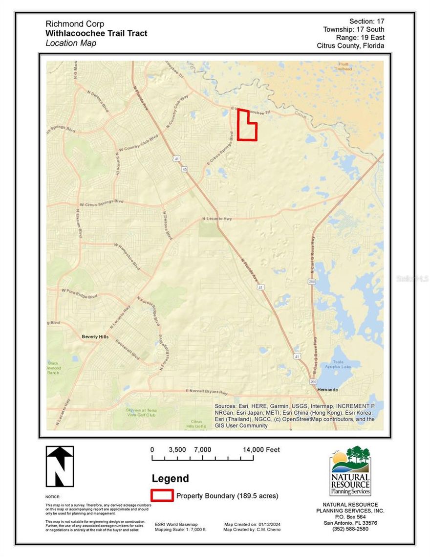 Property has been managed for forestry/timber and has Agricultural Classification.  Some timber has been recently cut but about 55 acres remains.  Good hardwood area for hunting and conservation area is adjacent to property to the east.   The property is directly contiguous to residential lots of Citrus Springs to the west.    Access is via a gate on CR 39 (Withlacoochee Trail) from the north or a gate on Hanford Lane off Lily Dr. from the west.  Property is very high and dry with elevations ranging from 50 to 100' MSL.  Withlacoochee State Forest and Withlacoochee River are nearby.