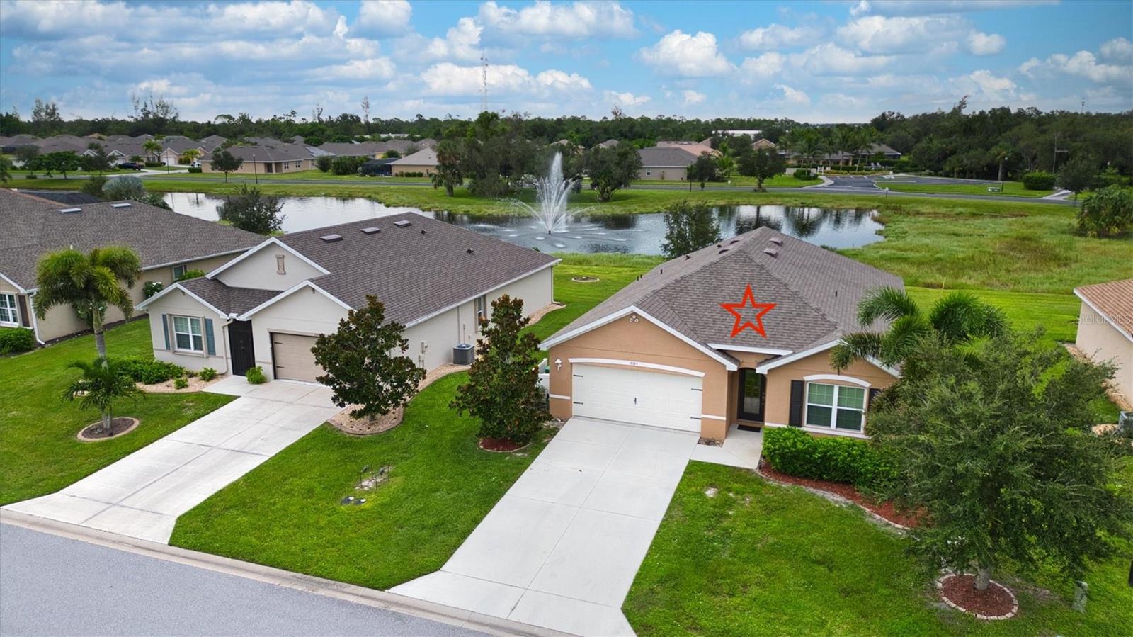 LAKEFRONT HOME WITH PRIVATE FOUNTAIN VIEWS in Waterford Estates! This MOVE IN READY home boasts 4 bedrooms, 2 bathrooms, a
private backyard with GREENBELT & FOUNTAIN VIEWS! Important UPDATES include, DIMENSIONAL SHINGLE NEW ROOF, NEW MASTER
SHOWER GLASS ENCLOSURE, BEAUTIFUL LEADED GLASS ENTRY DOOR, upgraded lighting fixtures throughout including ceiling fans with lights! Inside enjoy a spacious foyer and connection to two large and bright guest bedrooms and a shared guest bathroom. Farther inside, find excellent storage, an inside utility room, and another guest bedroom. Also, the 2-car garage is conveniently located with extra storage and an overhead attic space. As you reach the end of the hallway, the kitchen is at the heart of the home with STAINLESS STEEL APPLIANCES AND LARGE KITCHEN ISLAND including a breakfast bar open to the dining room and spacious living room all overlooking the lake! Off to the left, the primary suite also captures the beautiful view through the large windows and has an en-suite bathroom with a dual vanity HUGE WALK IN CLOSET WITH ADDITIONAL LINEN CLOSET and updated shower. This home has it all including transferrable flood insurance, FULL HURRICANE PROTECTION FOR PEACE OF MIND and is located in the fantastic GATED neighborhood of Waterford Estates, nearby to the community amenities, which include 2 pools, grilling areas, walking paths/sidewalks, pickleball courts, bocce ball, a recreation facility with a full fitness center and gym/entertaining space, and more! It is also just minutes to downtown Punta Gorda, the PGD Airport, I-75, great shopping, restaurants, marina's, golf, hospitals, and schools!.BE SURE TO CLICK THE FULL VIRTUAL TOUR LINKS FOR DETAILS!