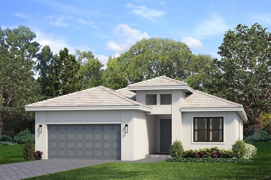 Under Construction. **UNDER CONSTRUCTION AVAILABLE DEC 2023** Fiesta Model photos used for reference.
This stunning 3 Bedroom home includes 3 Baths, a Den and 2-Car Garage with eastern exposure and a partial waterview. It features a spacious Dining and Great Room, a Gourmet Kitchen with GE Cafe appliances and an expansive kitchen island. Professionally personalized finishes throughout. The covered Lanai offers electric, gas, and plumbing for a future summer kitchen and it is also prepped for a future pool.