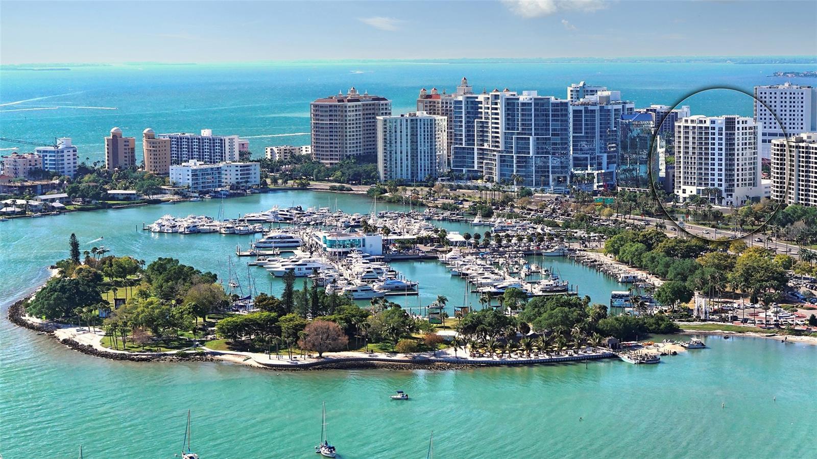 MAJOR PRICE REVISION. Marina Towers, Sarasota’s premier bayfront building is in the heart of downtown and offers 365* views of unimpeded bay, marina, gulf, and city views from this 10th floor, 5,800sf residence with an expanded terrace and high ceilings. A private elevator lobby opens into a Grand Salon featuring a gas fireplace and a wall of floor to ceiling windows overlooking the picturesque vistas. The large rooms throughout the residence with endless panoramic viewpoints make this a unique living experience. Delight in a gourmet chef's kitchen highlighted with top-of-the-line appliances including a Wolf gas range, Wolf ovens, Miele dishwasher and a Sub Zero refrigerator and a large pantry closet. A separate catering kitchen is perfect when entertaining larger groups, and spacious dining room and separate intimate dining space are ideal for family gatherings or intimate dinners. The bar area includes a handsome built-in wine cellar. A home theater and the family living areas are well-designed for everyday living. The floor plan lives like a sizable home accommodating 4-bedrooms, 3 en suite plus an oversized den/office with views for everyone. The primary suite has two large walk-in closets and a spacious bathroom. Both the primary and secondary suites overlook Sarasota Bay. Marina Tower offers the epitome of contemporary living in our vibrant bayfront city, boasting full-service amenities including 24-hour concierge and security. This is a pet-friendly, amenity-rich community featuring a chic outdoor heated pool/spa area, fitness center, and a community room with catering kitchen. Additionally, owners have access to a guest suite. This pet friendly community allows two pets with no weight limit. Clever building design allows owners to drive into the gated building, with concierge service available to assist with shopping bags and packages. Added unique features are room-size storage areas plus four secured parking spaces. Sarasota Bay’s famous sunsets and sparkling blue water as far as the eye can see with the heart of Downtown Sarasota, abundant dining, shopping, and entertainment mere steps away.