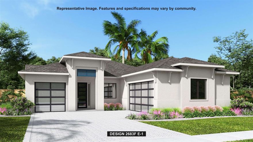 Under Construction. Front porch opens into an extended entryway with tray ceilings. French doors enclose the home office off the main hallway. Entering the kitchen you are greeted by an island with built-in seating, a walk-in pantry, and access to the laundry room. The dining area connects to the family room which features a wall of windows and access to the covered lanai. A bonus flex room is off the main living space. The primary bedroom is features a wall of windows. French doors lead into the primary bathroom which boasts dual vanities, garden tub, glass enclosed shower, and two walk-in closets. The secondary bedrooms each feature a walk-in closet and share a Hollywood bathroom. The mechanical room is located off the hallway that features the drop zone. Completing the space is a private guest suite off of the family room that features a full bathroom and walk-in closet. Three-car split garage.