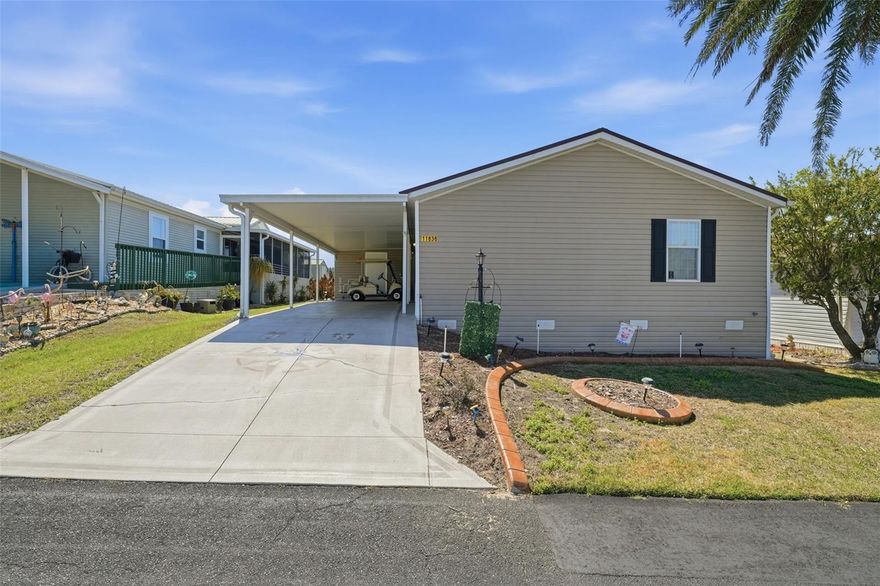 Welcome to easy Florida living in this well-maintained home located in a desirable 55+ community with low HOA fees. This move-in ready property offers comfort, functionality, and great value with a durable metal roof installed in 2018 for long-term peace of mind. The spacious kitchen features a center island, plenty of cabinet storage, and ample workspace, making it perfect for cooking, entertaining, or everyday living. Just off the kitchen, you'll find a large laundry room with abundant storage, adding extra convenience and functionality. Inside the home, enjoy wood laminate flooring throughout most of the living spaces, with only one bedroom featuring alternate flooring. All bedrooms offer generous walk-in closets, providing plenty of room for organization and storage. Relax and enjoy the Florida lifestyle on the screened deck, ideal for morning coffee or evening breezes. The property also includes a storage shed for additional space. As an added bonus, furniture and a golf cart are included, making this a fantastic option for seasonal residents or buyers looking for a truly move-in ready home. Located in a welcoming and active community close to shopping, dining, medical facilities, and everyday conveniences, this home offers both comfort and convenience. Schedule your showing today and see everything this home has to offer!