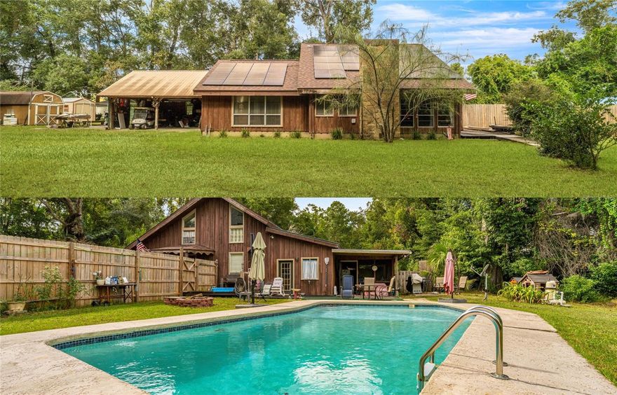 Nestled on 1.15 acres in High Springs, this 4-bedroom, 2-bath, two-story home combines charm, character, and opportunity. Inside you’ll find vaulted ceilings with warm wood beams, a Jack-and-Jill bath upstairs, and a screened back porch overlooking the pool. The property is enhanced with solar panels, two carports offering space for four vehicles, and the timeless beauty of a 400-year-old historic tree. Recent updates include a roof just 3 years old, HVAC from 2018, and a brand-new tankless water heater that will convey with the home (not yet installed). While the home is ready for some finishing touches, much of the renovation material has already been purchased and will remain, giving the next owner a head start. Surrounded by the natural springs, rivers, and trails that make this area so special, yet only minutes from the shops and dining of downtown High Springs and an easy drive to Gainesville, this property offers the best of North Florida living.