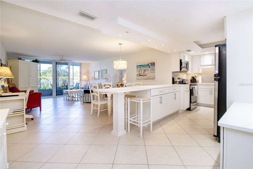 RARELY AVAILABLE! Crystal Sands, Gulf Side GROUND FLOOR UNIT! Just out the door of your lanai and it is just steps to the pool and crystal white sands of Siesta Beach! This 2 bedroom, 2 bath split plan offers the best in beachside living. Beautiful, newly remodeled kitchen with extended peninsula is perfect for prep and entertaining! New appliances as well. Bathrooms are both nicely appointed with updated fixtures. Primary bath features separate dressing area/vanity and new shower with glass enclosure. Both bedrooms have walk in closets plus an additional double closet in the guest bedroom for extra storage or a perfect owner's closet. In addition, there is a large utility room with your own washer and dryer that allows even more storage. The generous lanai is accessible from the living and both bedrooms. Enjoy a peek-a-boo view of the gulf while enjoying your favorite beverage!
Crystal Sands is one of the most desirable communities on Siesta Key and a highly sought rental destination. (2 week minimum) Situated perfectly right in the heart of Crescent Beach! There are 2 heated pools, assigned covered parking, community grills and an onsite management office. Gated access for extra security and comfort. 
Now is your opportunity to own a unit in this famous building at a great price! 
Rentals in place. Please contact agent for showing availability. All information believed to be accurate but should be verified by buyer.