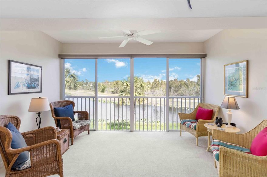 Experience the feeling of floating above the water in your own private retreat! What truly sets this turnkey furnished condo apart is the fully enclosed sunroom where you can relax and take in the peaceful, panoramic views of the pond and surrounding wildlife. Whether you’re enjoying your morning coffee or opening the sliders to let in the fresh breeze, the sense of calm and connection with nature is unmatched. Inside, soaring ceilings and an open floor plan create a bright and spacious atmosphere. This rare layout features a large Den that can easily serve as a 3rd bedroom, hobby room, or home office—offering flexibility to suit your lifestyle. Located in the highly desirable Waterside Village, this beautifully furnished 2-bedroom + den condo delivers the perfect blend of serenity, comfort, and convenience. The community’s resort-style amenities include 3 heated pools, a clubhouse, pickleball and tennis courts, bocce, shuffleboard, fitness classes, and an active social calendar featuring book clubs, card games, and luncheons. Your low condo fee covers it all—roof replacement, exterior painting, landscaping, water, sewer, trash, pest control, cable, and building insurance—allowing you to enjoy a truly maintenance-free lifestyle. Perfectly situated just minutes from downtown Venice, pristine Gulf beaches, shopping, and dining, this home embodies the Florida lifestyle. Offered fully furnished and move-in ready, this is the one you’ve been waiting for. Take a tour and see why this exceptional unit—with its one-of-a-kind enclosed sunroom and versatile floor plan—stands out above the rest!