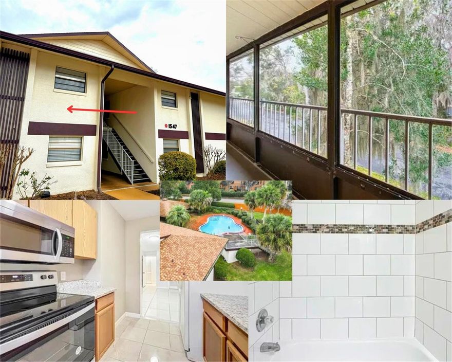 HIGHLY CONVENIENT LOCATION, APPX 1.5 MILES from the Downtown Ocala square, offering a vibrant array of events, diverse dining options, and amazing entertainment choices! This updated 2-bedroom, 2-bathroom condo features a u-shaped kitchen with granite, ample cabinetry and appliances. BUYER BONUS convenient stack washer & dryer. Bright and light-filled, this inviting home offers a welcoming layout ideal for both daily living and entertaining. The spacious living area, and owner's suite with oversized ceramic tiles, seamlessly connects to sliders overlooking your private, screened-in outdoor retreat measuring 25ft long. The generous primary suite includes an updated private bath with a walk-in closet. The second bedroom is versatile, suitable for guests, an office, or a roommate. ELECT PANEL replaced (2021) ELE21-0952 2021, ROOF replaced (2021) BLD21-3004. Plumbing updated AC systems updated. Enjoy low-maintenance living in a well-maintained community featuring a pool and common area, all while being conveniently located near shopping, dining, and major highways.