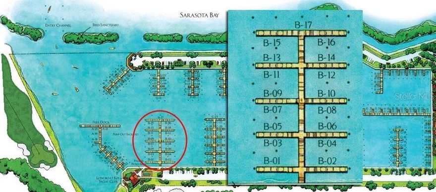 A 85 ft. x 28 ft. Boat Slip at Longboat Key Moorings Marina; extra long finger pier, wide beam,  and extra wide finger pier. This is a Yacht Club slip. Enjoy all the amenities of the private Longboat Key Club as a Yacht Club Member. Direct access to Sarasota Bay and the ICW. The deep water marina is as much a luxury resort as any other neighborhood on the island, thanks to individual slip ownership, a Mediterranean-style village that includes restaurants, shopping (close to Publix, CVS, and other specialty shops), recreational and social activities, and discreet, on-site maintenance and concierge services. Television, electric, water and wireless internet access at each slip. Free shuttle to St. Armand's Circle. The Marina has everything a boater could need. Yacht Club members have access to private Yacht Club facility which includes private clubhouse with TV, conference table, comfortable furnishings just for relaxing. Exterior amenities include private pool, grills, outside tables, chase lounges, and convenient bathhouse. Other amenities include dining at the Key Club's unique restaurants, Islandside and Harbourside golf courses, tennis courts and beach facilities, Fitness Centre, Mind and Motion Studio, and Spa. Reciprocity with 700 other yacht clubs across America. Longboat Key Moorings is truly a World Class facility. Buyer must join the Longboat Key Club on or before the closing date.  Longest vessel this slip will accommodate is 80 feet, with the beam dependant on the make of the vessel.