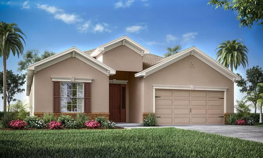Under Construction. New construction home with 2029 square feet one-story including 4 bedrooms, 2.5 baths, and an open living area. Enjoy an open kitchen with Granite countertops, Samsung stainless steel appliances, pantry, and a spacious counter height island, fully open to the dining café and gathering room. The living area, laundry room, and baths include luxury wood vinyl plank flooring, with stain-resistant carpet in the bedrooms. Your owner's suite is complete with a walk-in wardrobe and a private en-suite bath with dual vanities, a tiled shower, and a closeted toilet. Jack-and-Jill Hall bath with an enclosed tub and toilet, accessed from bedrooms 3 and 4. Plus, enjoy a covered lanai, 2-car garage, custom-fit window blinds, architectural shingles, energy-efficient insulation and windows, and a full builder warranty. Please note, virtual tour/photos showcases the home layout; colors and design options in actual home for sale may differ. Furnishings and décor do not convey.