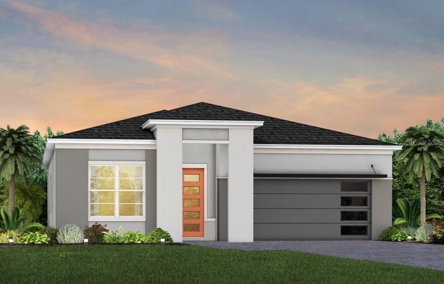 Under Construction. Introducing The Estates at Nona Sound, a collection of luxury single-family and estate-style homes in an ideal location just minutes from the acclaimed Lake Nona Town Center. Enjoy a private, gated new neighborhood featuring a tot lot, pickleball courts, and cabana.
Step into the luxurious Coral by Pulte Homes, a masterpiece of modern living designed with elegance and practicality in mind. This newly constructed, single-story home offers 2 spacious bedrooms, an enclosed flex room, 2 beautifully appointed bathrooms, and 2-car garage. The open-concept layout seamlessly connects the built-in gourmet kitchen, café, and gathering room, creating an expansive, airy atmosphere. The many windows bathe the entire space in natural light, while tall ceilings elevate the overall feeling of openness. The heart of the home is the chef-inspired kitchen, where 42" white cabinetry meets luxurious quartz countertops. Thoughtfully designed features like soft-close drawers, easy-reach corner cabinets, double roll-out trays, and a waste basket drawer make the kitchen as functional as it is beautiful. A decorative tile backsplash, single-bowl granite sink, and upgraded faucet enhance the space, while the built-in KitchenAid stainless steel appliances—including a refrigerator—ensure you have everything you need for both everyday meals and special occasions. The kitchen flows effortlessly into the café and gathering room, where a zero corner sliding glass door leads to the extended covered lanai making this home ideal for seamless indoor-outdoor living. Retreat to the luxurious owner’s suite, a serene sanctuary with a spacious walk-in closet and a spa-like en suite bathroom. Dual vanity sinks, walk-in shower with rain shower head, an enclosed toilet, and a linen closet complete the tranquil space. An additional spare bedroom and bathroom located at the front of the home provide ample space and privacy for family and guests. Adjacent, an enclosed flex room offers endless possibilities – whether it’s a private office, hobby room, or a cozy reading nook. The laundry room is complete with a Whirlpool washer and dryer, quartz trimmed utility sink, and built-in cabinets adding to the home’s convenience and ease of living. Throughout the home, you’ll notice meticulously chosen designer selections, including 8-foot interior doors, brushed nickel hardware and plumbing fixtures, epoxy finish at garage floor, and tile flooring throughout the entire home – all adding to the home’s modern appeal. Enjoy the convenience of modern living with a smart thermostat, video doorbell, LED downlighting, security system pre-wire, and additional data ports. With its stunning design and thoughtful touches, the Coral home provides the perfect blend of luxury and functionality for today’s lifestyle.