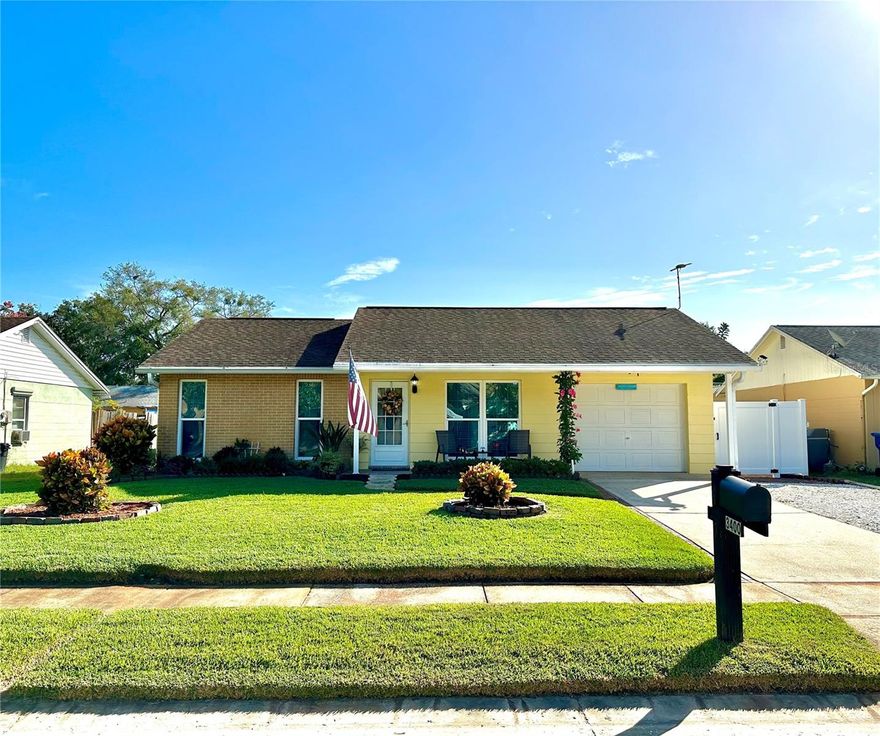 Welcome to this adorable home near the highly sought-after Trinity area!  With an extra-long driveway, beautiful front yard, and a covered front porch you will feel at home as soon as you pull in.  Entering the home you walk into the great room with wood flooring, right off of the great room is the kitchen which features wood cabinets, granite countertops, and an eat in kitchen nook.  This home features two bedrooms and one and a half bath and an  office/den that was converted  from most of the garage.  Enjoy entertaining outdoors with a screened-in porch, a large patio with a pool and a spacious fenced in back yard.  The outside also includes two large sheds and plenty of space for entertaining.  Newer double pane windows, inside laundry, and  located in the Seven Springs Community which is within minutes to Trinity, a short drive to the top-rated Gulf Beaches, shopping, dining and tons of entertainment. This home is also zoned for the "A Rated" Seven Springs Middle and Mitchell High School District.