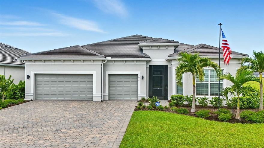 Step inside this exceptional 3-bedroom, Den, 4-bath home offering over 2,800 sq. ft. of open-concept elegance. One of the best prices compared to new construction with what this home has to offer especially with waterviews and amazing sunsets. Designed for effortless entertaining and everyday comfort, this home combines modern design, thoughtful upgrades, and true Florida living. The chef’s kitchen is the centerpiece — complete with gas cooktop, built-in appliances, beverage fridge, and an oversized island perfect for gatherings. The main living area features tray ceilings, custom millwork, designer lighting, and zero-corner sliders that open seamlessly to the outdoor oasis. Relax by your screened saltwater pool and spa, surrounded by lush landscaping (more to be added with addtl houses next door) and fencing. The owner’s suite is a serene retreat with a spa-inspired bath, dual vanities, and a massive walk-in closet. A flex room adds versatility for a den, hobby room, or guest space, while the 10-ft ceilings and polyaspartic-coated garage floor add both function and flair. Located in one of North Fort Myers’ premier 55+ communities, residents enjoy a 17,000 sq. ft. clubhouse, resort-style pool, fitness center, pickleball, bocce, restaurant, and covered Tiki bar.