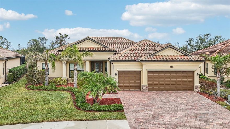 Best value for an Oakmont home in Gran Paradiso! This 4 BR, 2.5 BA, 3-car garage Estate-series Oakmont pool/spa home in the gated resort-style community of Gran Paradiso at Wellen Park is located on a private preserve homesite and is ready for move-in!  As you step into this beautiful home, you will love the open floor plan, abundance of natural light, soothing neutral color palette, decorative crown molding, tray ceilings, and sparkling pool & spa. The home features 10' ceilings and 8' doorways and a split layout that allows for privacy when family & friends come to visit. The flooring in your entry, living and dining areas, kitchen, baths and hallways is 20" porcelain tile on the diagonal, while the bedrooms feature carpeting.  The Chef's kitchen offers granite countertops, stainless-steel appliances, built-in double ovens, pantry and a breakfast area with a view. Enjoy your morning coffee at the breakfast bar, overlooking your spacious lanai and pool/spa, enjoying the unrivaled privacy of a preserve view. Your Primary Bedroom Suite has a sitting area, access to the lanai & pool/spa, a large walk-in closet and the En-Suite Primary Bath offers dual vanities, a convenient walk-in shower and corner garden tub for relaxing baths. The adjacent wing of the home features 2 guest bedrooms that share a guest bath with shower over tub and a glass shower enclosure. There is another half-bath in Guest Room 3 with outdoor access. The 4th Bedroom is ideal for a home office or den.  From your Great Room, step onto your lanai through the large sliding glass doors and enjoy Florida living with gentle breezes and chirping birds. Gather with family or friends on the covered sitting area on your lanai or enjoy a refreshing dip in your pool. Completing this home is a spacious laundry room with utility sink and a 3-car garage that provides ample storage space. Brand-new garbage disposal (2025).  Gran Paradiso is an amenities-rich, maintenance-free community, situated in the master-planned Wellen Park area with restaurants, shopping, the Atlanta Braves Spring Training stadium & more! Your new home is only 10 min away from the amazing beaches of the Gulf of Mexico! Gran Paradiso residents enjoy a magnificent community pool, Tuscan-inspired Clubhouse, tennis, pickle ball, fitness center, sauna/steam rooms, massage room & a myriad of activities, organized by a full-time Lifestyle Director. Leave the cold Northern winters behind and enjoy life in paradise!