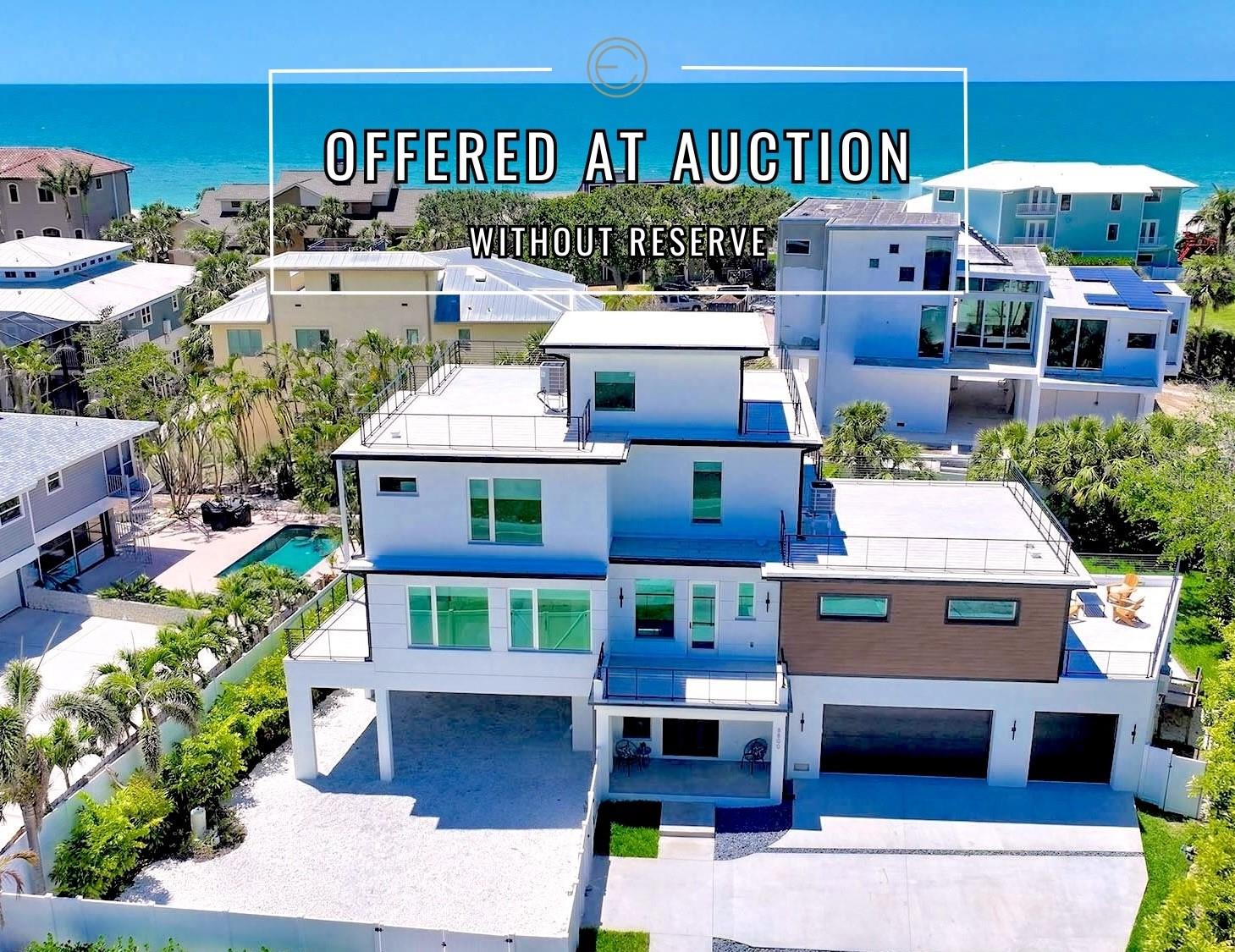 Auction Property. LUXURY REAL ESTATE AUCTION on-site on Wednesday, August 20, 2025, at 11:00 a.m. Previews begin on Saturday, August 2 and will run every Saturday and Sunday from 1:00 to 4:00 p.m. until the auction. Private appointments are available; please call for details.
Host your family, friends, or dream vacations at this New Construction Luxury Beach House with Ocean Views on Siesta Key. Experience the best of coastal living in this brand-new 4 bed, 4.5 bath luxury home with walking access to Turtle Beach. With 3,676 SF of thoughtfully designed space, this home offers breathtaking 360-degree ocean views, multiple outdoor patios and terraces, and seamless indoor-outdoor flow. Feel the sea breeze in the spacious backyard, including a pool, hot tub, and outdoor kitchen. The expansive living space hosts plenty of flexible area for an office, gym, game room, or media room.
Enjoy light-toned engineered hardwood floors, a chef’s kitchen with top-tier appliances, and spacious en-suite bedrooms, including a stunning primary suite with a private terrace and spa-like bath.
Additional features include a 3-car garage, and 6 covered carport spaces for recreational utility vehicles such as, jet skis, golf carts, or a boat, with easy gate access. Enjoy an elevator included layout, and high-end finishes throughout—all just minutes from Siesta Village’s shops and dining.
Whether for full-time living or a coastal getaway, this is Siesta Key luxury at its finest.