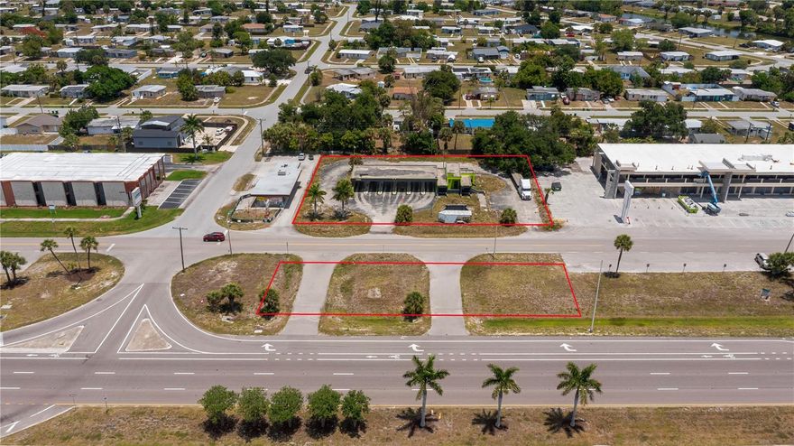 PRIME COMMERCIAL OPPORTUNITY on main thoroughfare US41 in Port Charlotte is now available! Here is the HIGH VISIBILITY commercial property you've been waiting for boasting an impressive 200 feet of frontage along the busy US41 corridor in Port Charlotte. This rarely available site benefits from EXCEPTIONAL EXPOSURE to approximately 45,500 vehicles passing daily, making it a standout location for your business or investment. Key highlights include Approximately 0.689 acres of contiguous land with Commercial General zoning, allowing a diverse range of commercial uses. Add in Excellent accessibility featuring a median break and three curb cuts, plus close proximity to the Harbor Boulevard intersection. This FANTASTIC CG PROPERTY is also STRATEGICALLY LOCATED directly across from national tire retailers Tires Plus and Tire Kingdom, enhancing visibility and traffic flow. With additional curb cut parcels around 0.18 acres included, offering potential uses such as expansion, signage, or more parking.The large Existing structure, formerly a bank with six bays, offers FLEXIBILTY for redevelopment or adaptive reuse, as shown in provided concept renderings. Situated in the vibrant community of Port Charlotte along Florida’s Gulf Coast, this location offers convenient access to Interstate 75, nearby cultural attractions, waterfront parks, and a steadily growing population currently surpassing 220,000 residents which is a whopping a 24.8 percent growth since 2010. The area boasts a strong average household income of $70,410, reflecting a stable and thriving market. Within a 1.5 mile radius, you'll find major retailers and businesses including Publix, Walgreens, ABC Fine Wine & Spirits, Ace Hardware, various national food chains, automotive services, and much more. Local favorites such as Gatorz Bar & Grill, Chubbyz Sports Grill, and Fishermen’s Village contribute to a lively commercial environment. Punta Gorda Airport is conveniently just 8.5 miles away, adding to the accessibility. With non existent commercial properties of this caliber available, now is the time to act. Whether you’re looking to develop, invest, or establish your business in a high traffic, highly visible location, this Port Charlotte site offers unmatched potential. OPPORTUNITY KNOCKS!!!! Don’t miss out and let this exceptional opportunity pass you by! BRING YOUR VISION and make this premiere property yours TODAY!