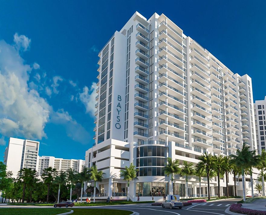 Pre-Construction. To be built. To be completed 4th quarter 2023. Get centered at Sarasota’s newest luxury address. Located in Sarasota’s downtown Bayfront at The Quay, Sarasota, this 18-story luxury residential tower is for those looking for a walkable lifestyle surrounded by a vibrant arts and entertainment scene. Is spacious condominium is a roomy 2,184 square foot 2-bedroom, 3-bath residence with 10’ ceilings, floor to ceiling windows and sliders to a spacious 10’ deep terrace with glass balcony railings showcasing Sarasota’s most sparkling views looking to the southwest towards Sarasota Bay. The kitchen is designer coordinated with European cabinetry, quartz countertops and premium stainless-steel appliances. The Owner’s Suite features walk-in closets and a luxurious spa-like bath retreat with Grohe fixtures. Amenities include a state-of-the-art fitness center and a movement studio for personal or group classes. The 5th level showcases an elevated resort-style pool and spa, entertainment areas, an outdoor kitchen, a dog park and much more. Bayso residents will also have an on-site property manager, 24/7 front desk attendants and an access controlled entry making this a true lock-and-leave.